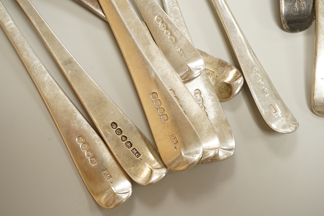A set of eight early Victorian silver Old English pattern table spoons and eight matching dessert spoons, by Mary Chawner, London, 1839, 27.6oz.